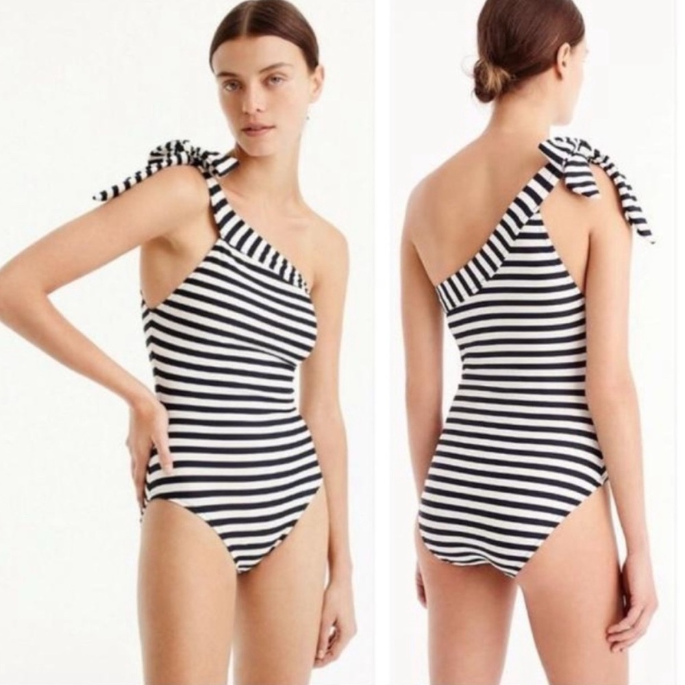 J CREW Classic 1 Tie Strap Navy Striped One Piece Swimsuit Womens 10 Like New